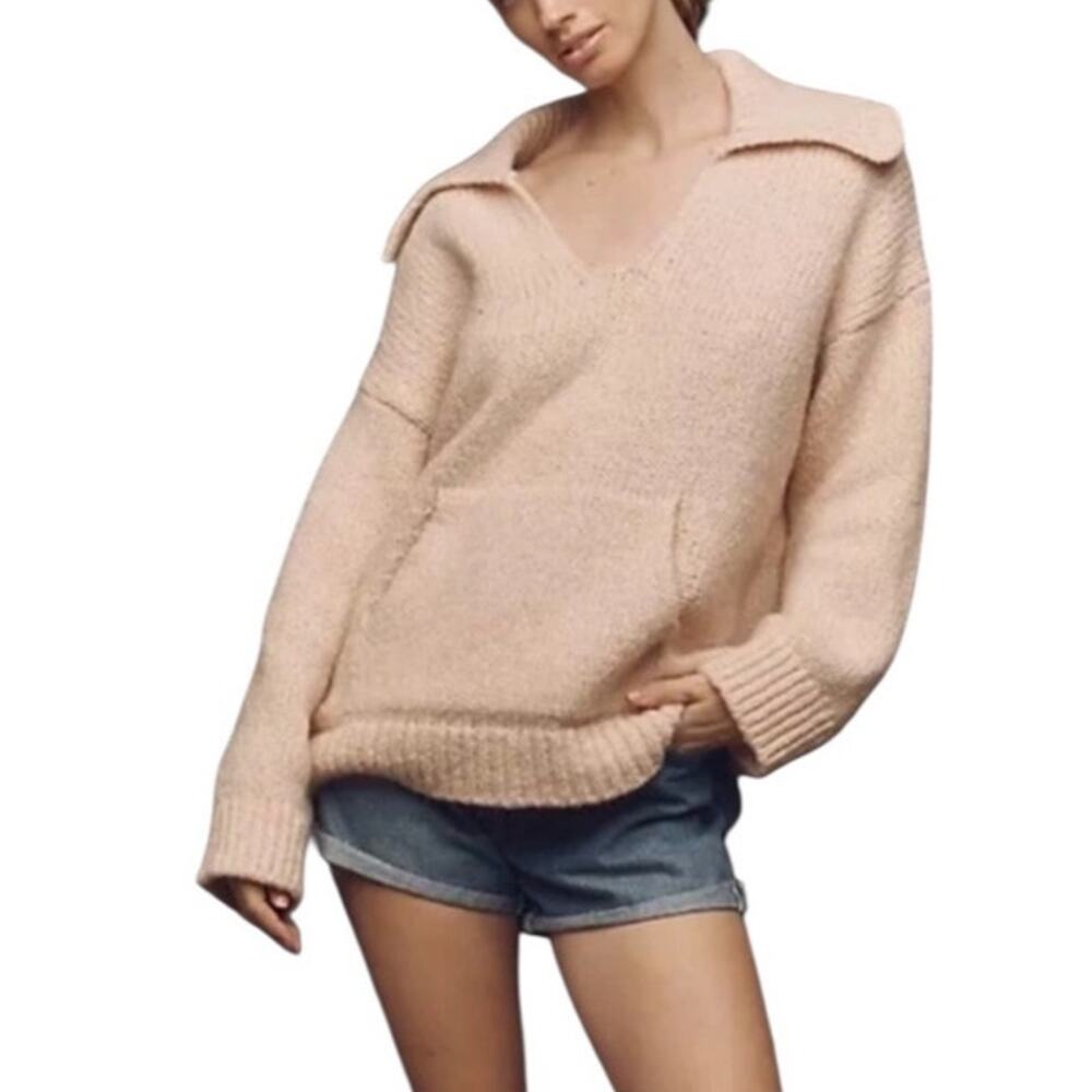 Anthropologie Pilcro Collared Pouch Pocket Sweater Sz Large Relaxed Chunky Knit